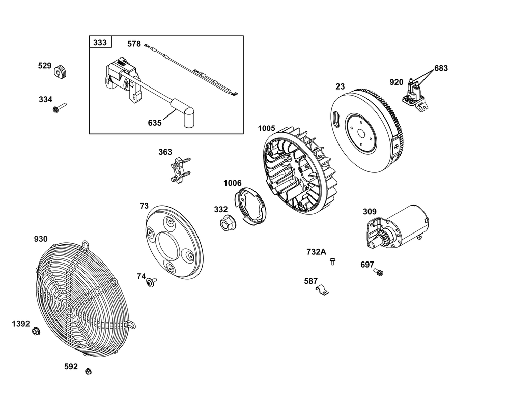 Flywheel, Ignition, And Starter Group Diagram and Parts List for 386447-0469-B5 200000 - 399999 Briggs and Stratton Engine